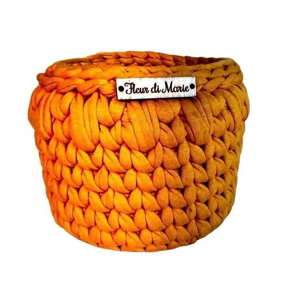 Small Crochet Basket, Eco Storage Basket, Handmade Golden Yellow Wood Bottom